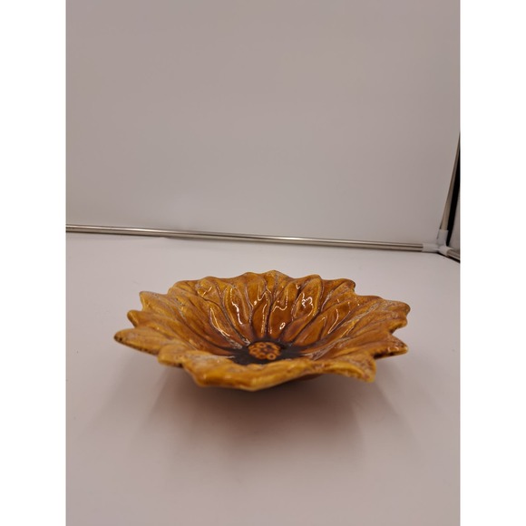 Vintage #702 Ceramic Pottery Yellow Red Flower Decorative Trinket Dish 7" Length - Picture 2 of 8